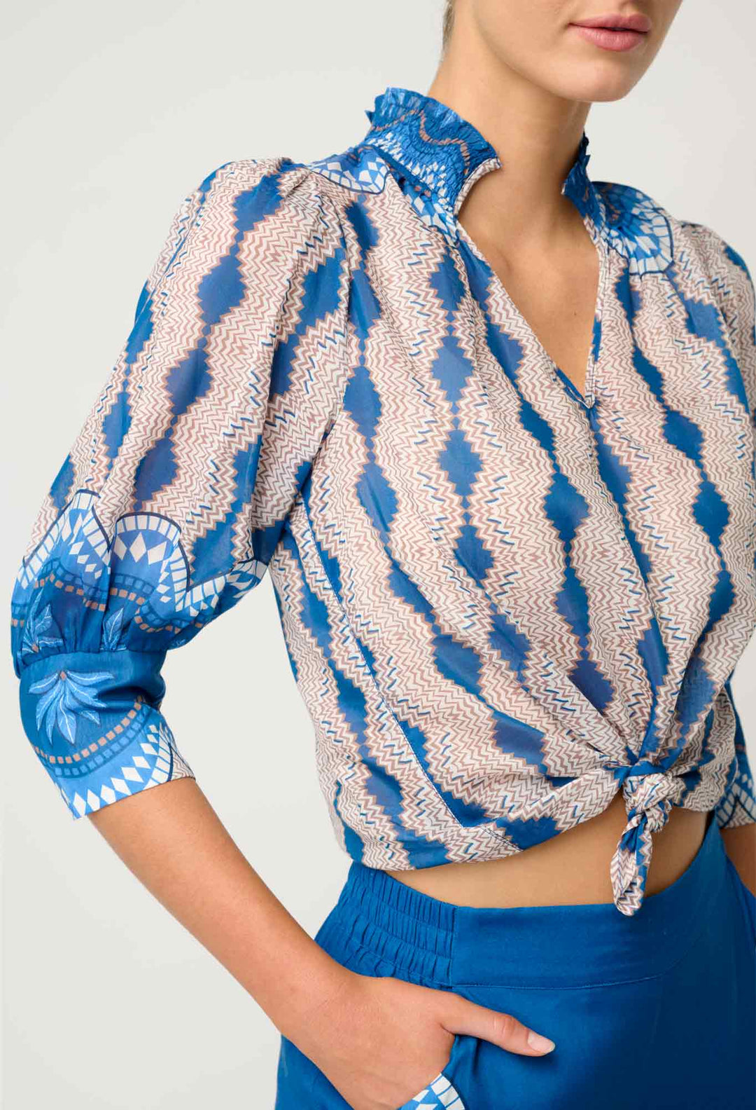 OnceWas Oleander Cotton Silk Blouse in Marrakech Topaz