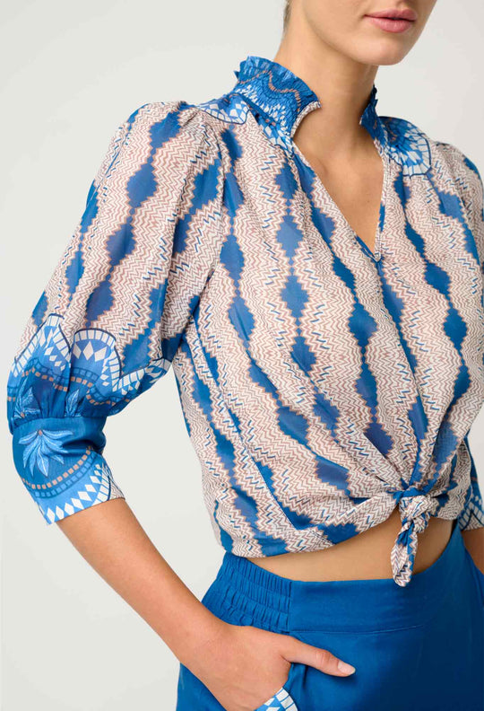 OnceWas Oleander Cotton Silk Blouse in Marrakech Topaz