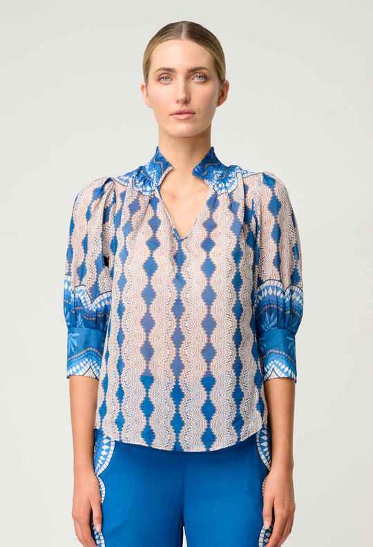 OnceWas Oleander Cotton Silk Blouse in Marrakech Topaz
