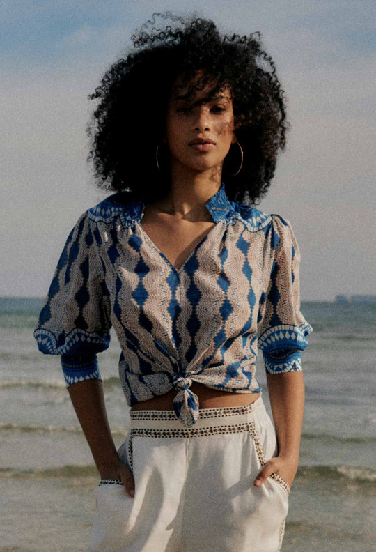 OnceWas Oleander Cotton Silk Blouse in Marrakech Topaz