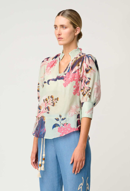 OnceWas Oleander Cotton Silk Blouse in Oasis Flora