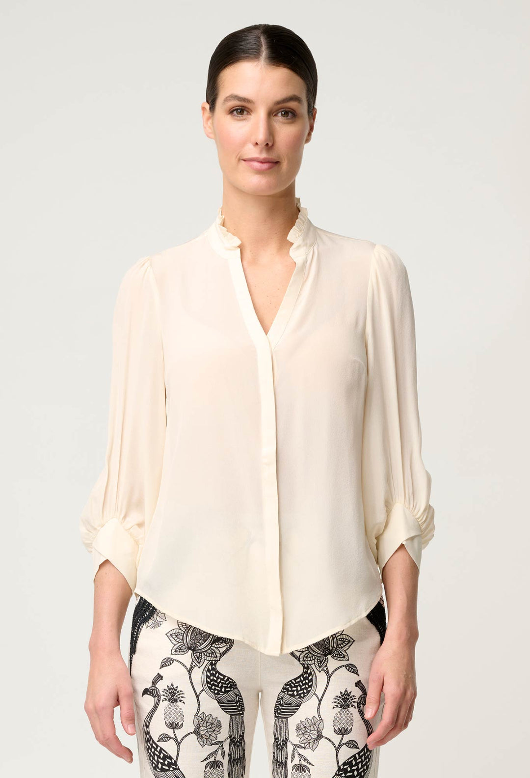 OnceWas Chloe Silk Criss Cross Cuffed Shirt in Cloud