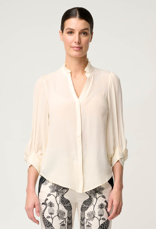 OnceWas Chloe Silk Criss Cross Cuffed Shirt in Cloud