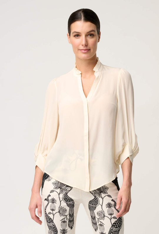 OnceWas Chloe Silk Criss Cross Cuffed Shirt in Cloud