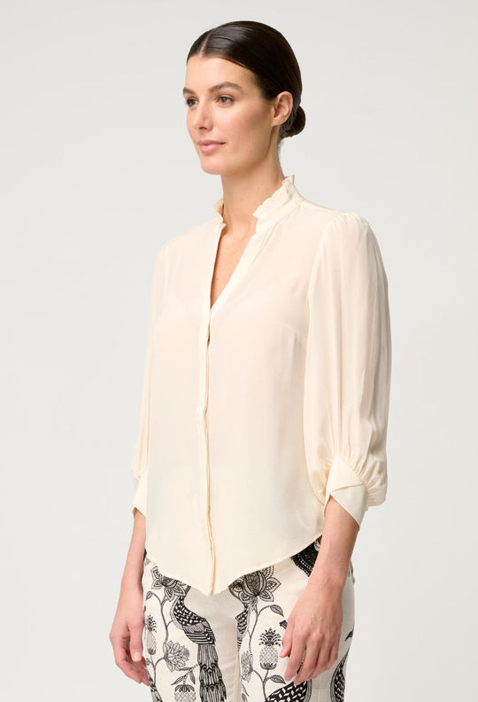 OnceWas Chloe Silk Criss Cross Cuffed Shirt in Cloud