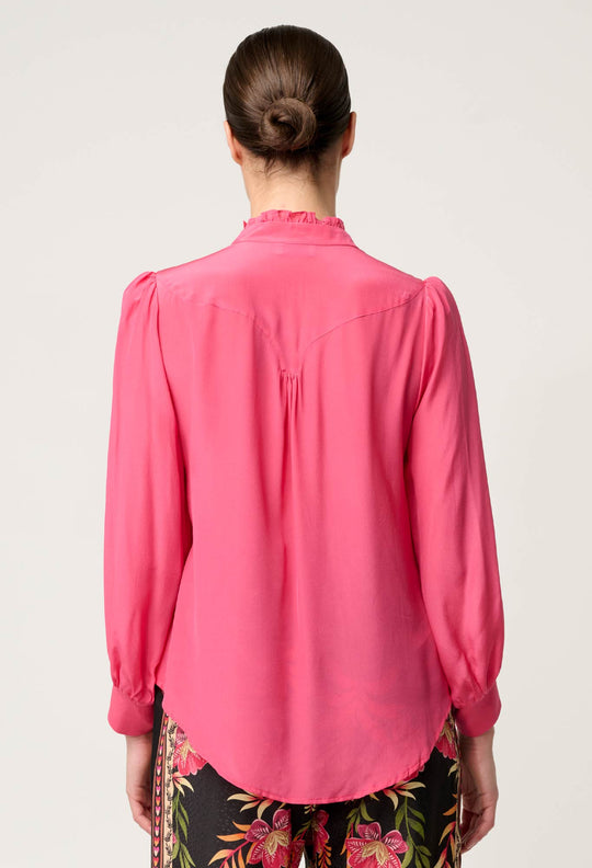 Chloe Silk Criss Cross Cuffed Shirt in Celosia Pink
