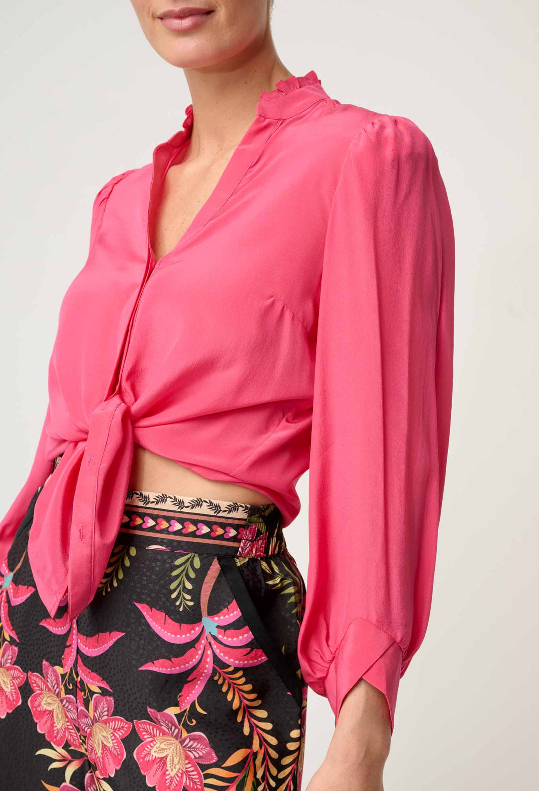 Chloe Silk Criss Cross Cuffed Shirt in Celosia Pink