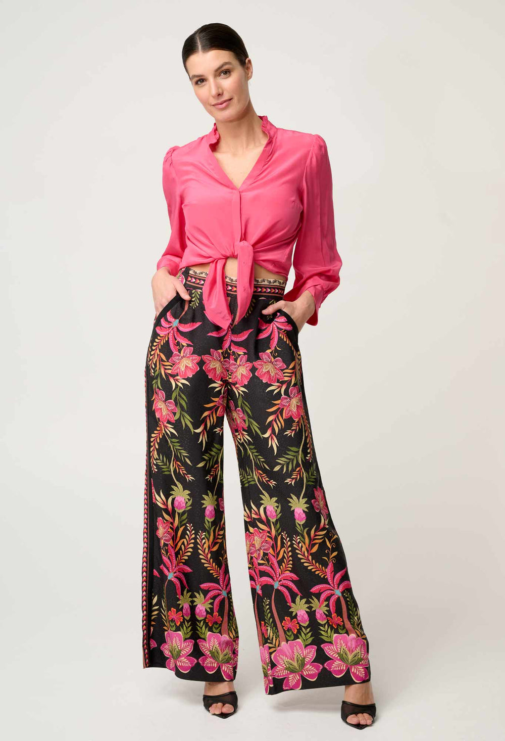 Chloe Silk Criss Cross Cuffed Shirt in Celosia Pink