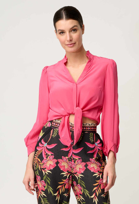 Chloe Silk Criss Cross Cuffed Shirt in Celosia Pink