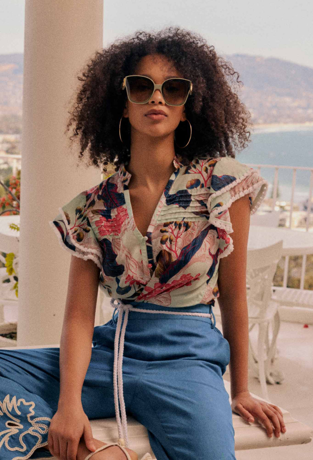 OnceWas Luma Cotton Silk Flutter Sleeve Top in Oasis Flora