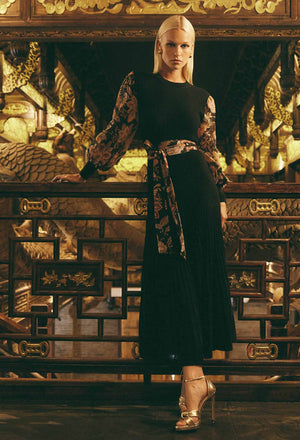 OnceWas Empress Merino Wool Knit Dress in Black/Winter Floral
