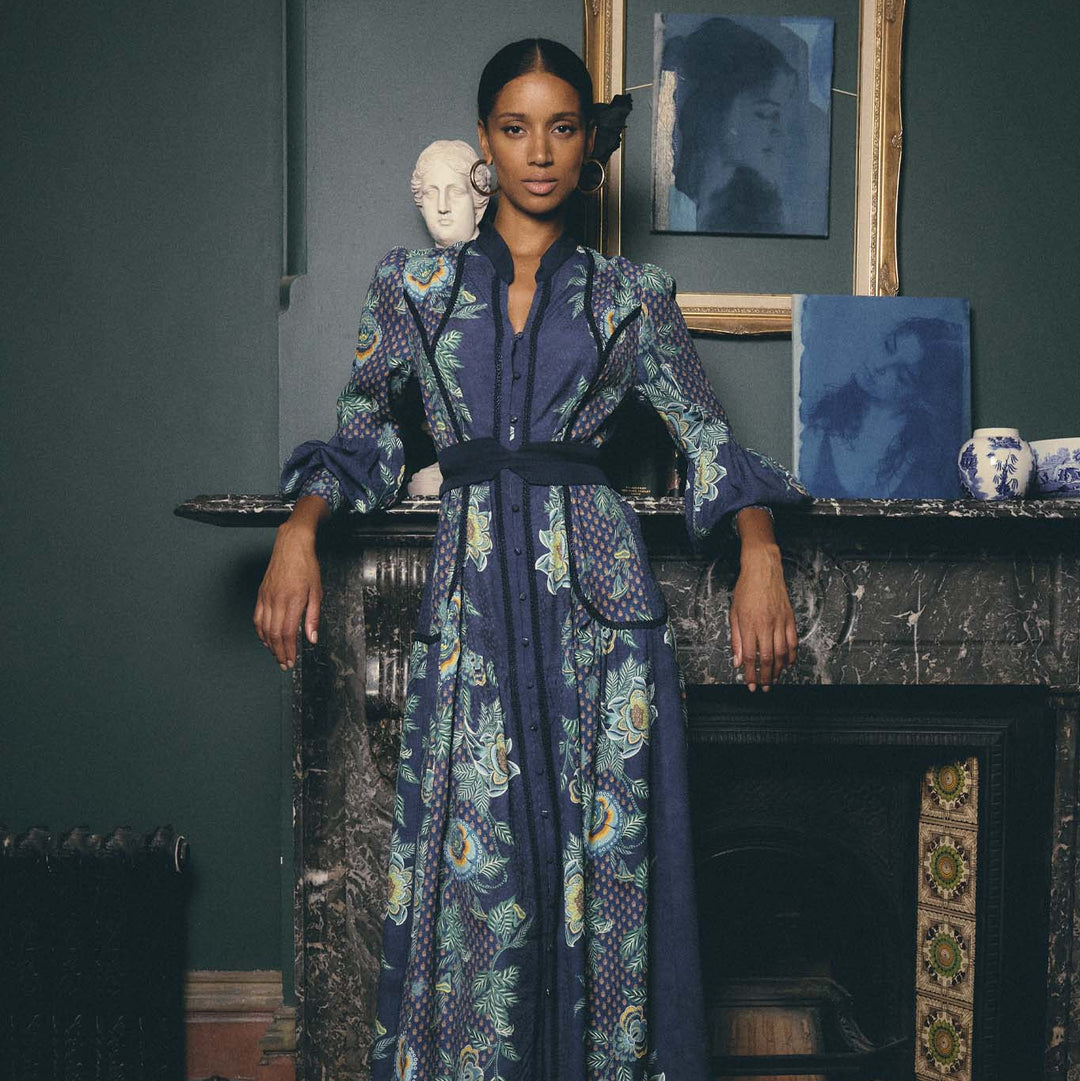OnceWas Esmeralda Viscose Dobby Midi Dress in Mariposa Zafiro