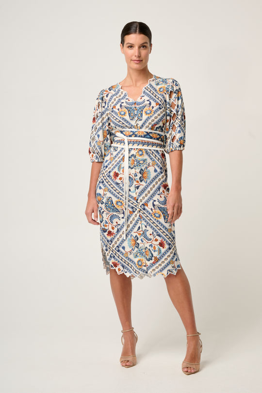 Theia Viscose Scallop Embroidered Dress in Petinos Floros