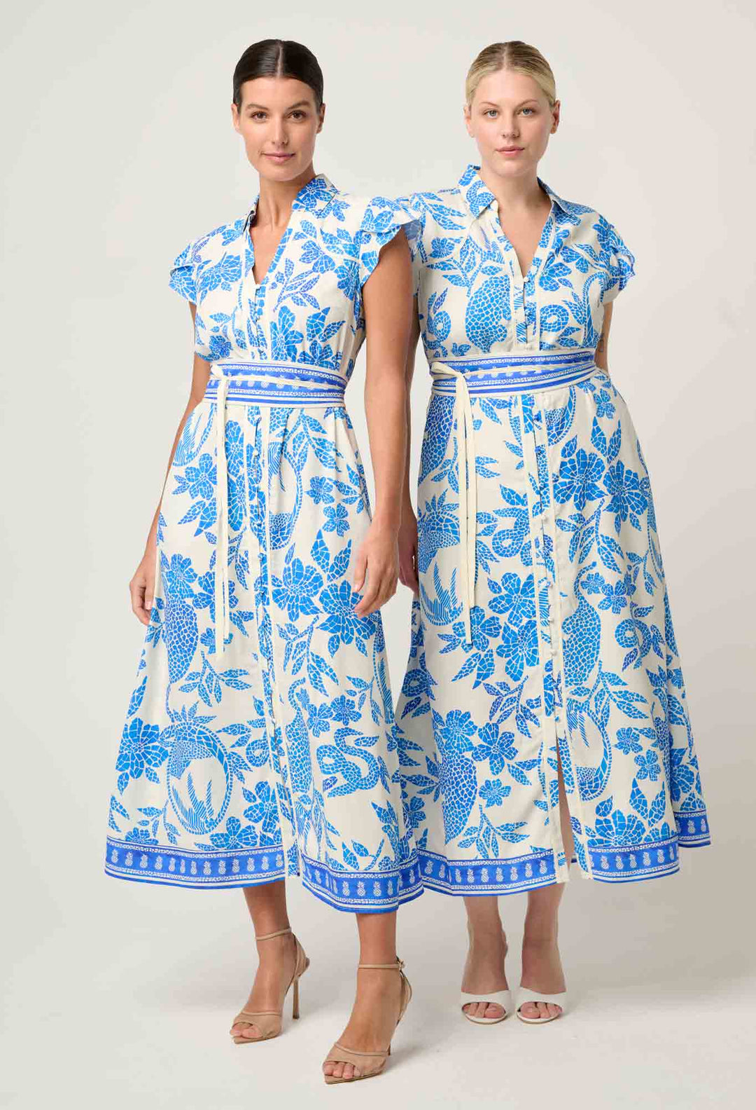 OnceWas Callista Viscose Dobby Petal Sleeve Dress in Azure Mosaic