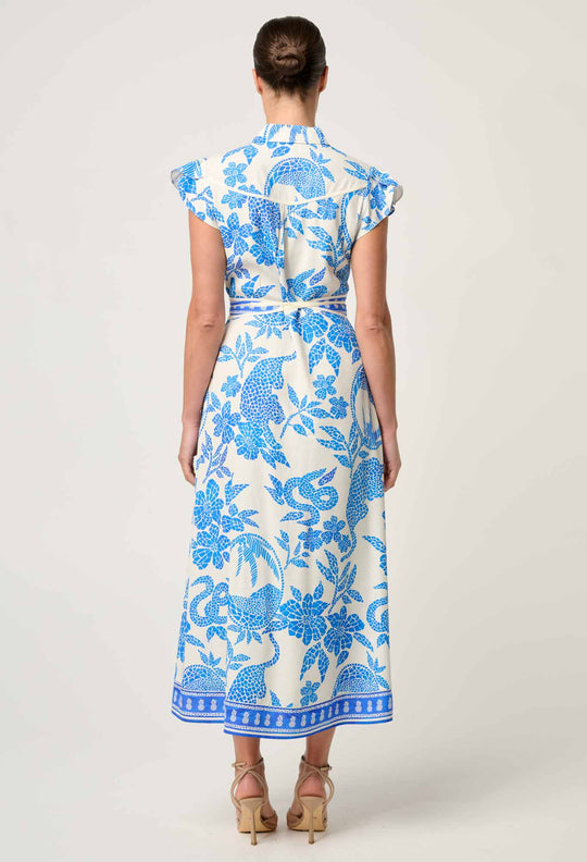 OnceWas Callista Viscose Dobby Petal Sleeve Dress in Azure Mosaic