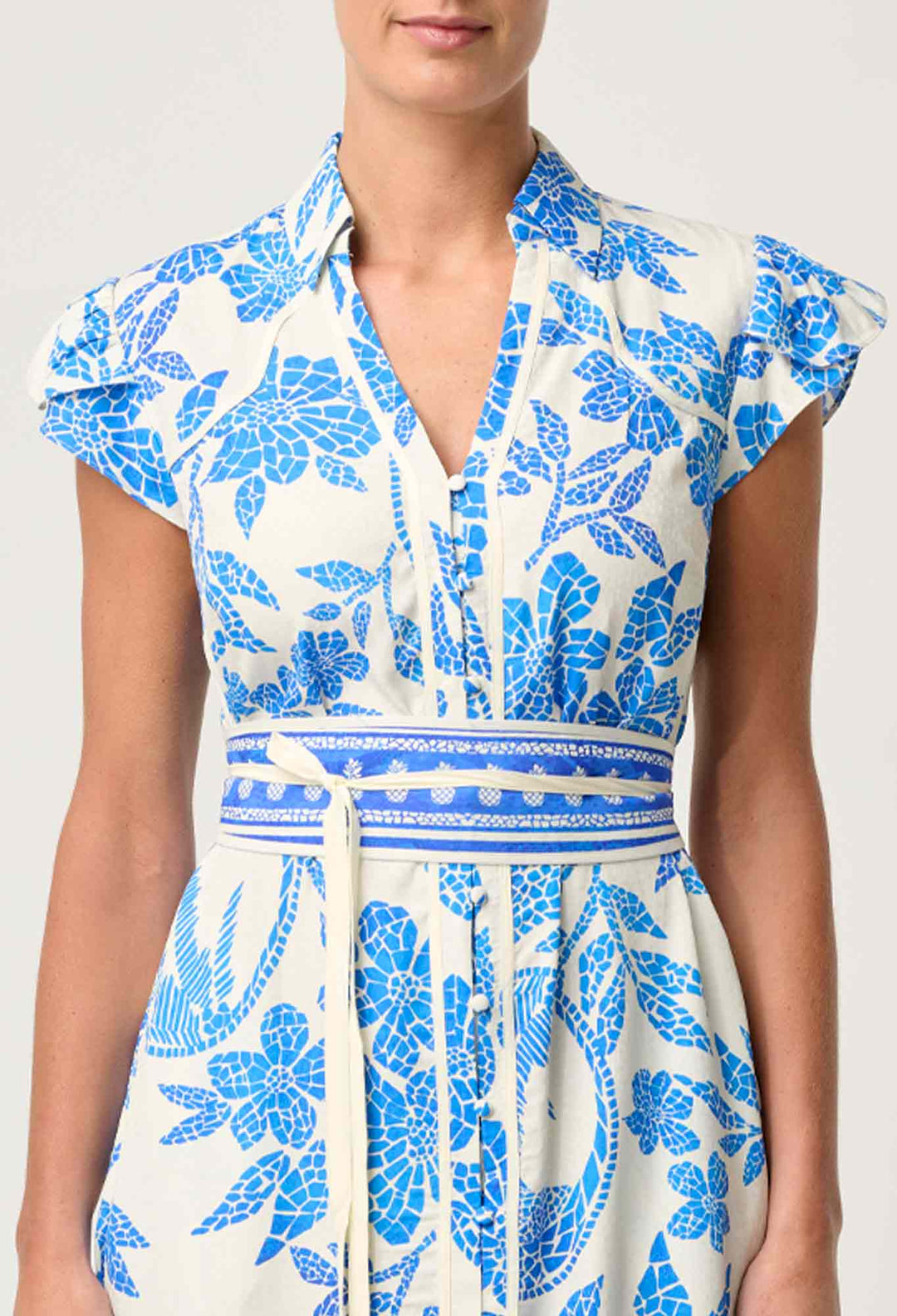 OnceWas Callista Viscose Dobby Petal Sleeve Dress in Azure Mosaic