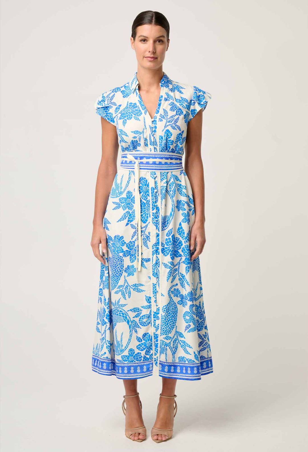 OnceWas Callista Viscose Dobby Petal Sleeve Dress in Azure Mosaic