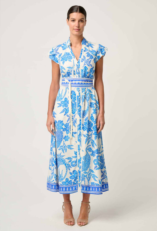 OnceWas Callista Viscose Dobby Petal Sleeve Dress in Azure Mosaic