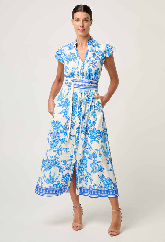 OnceWas Callista Viscose Dobby Petal Sleeve Dress in Azure Mosaic