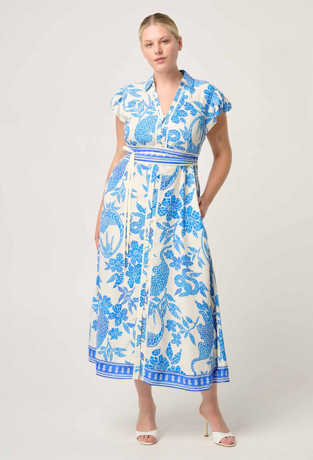 OnceWas Callista Viscose Dobby Petal Sleeve Dress in Azure Mosaic