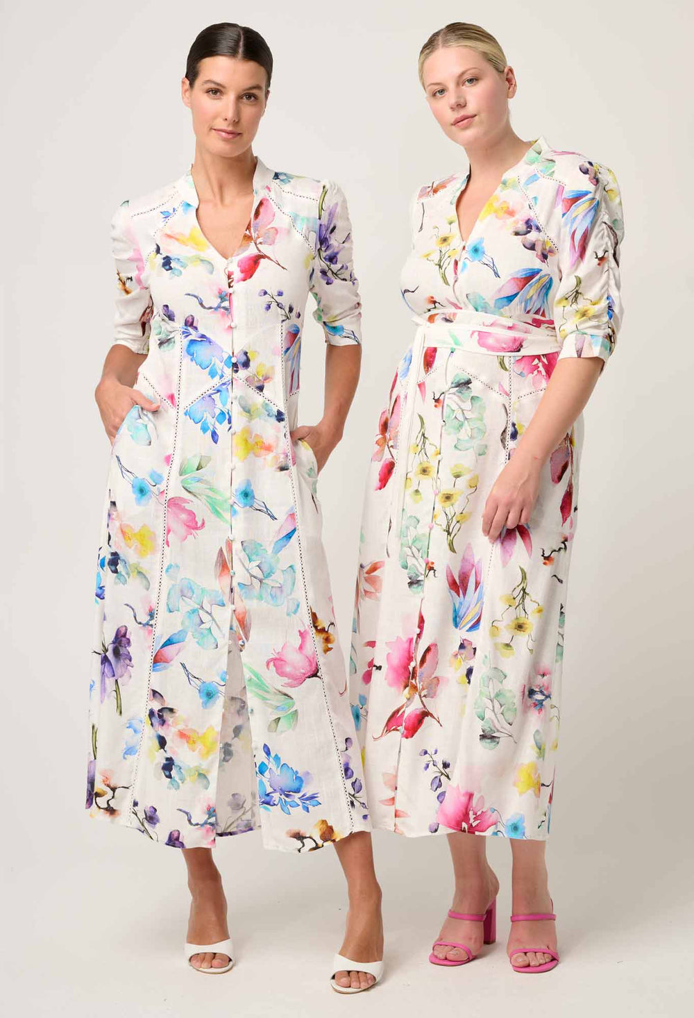 OnceWas Xenia Yoke Linen Viscose Dress in Plume Blossom