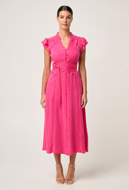 OnceWas Athena Cupro Viscose Flutter Sleeve Dress in Celosia Pink