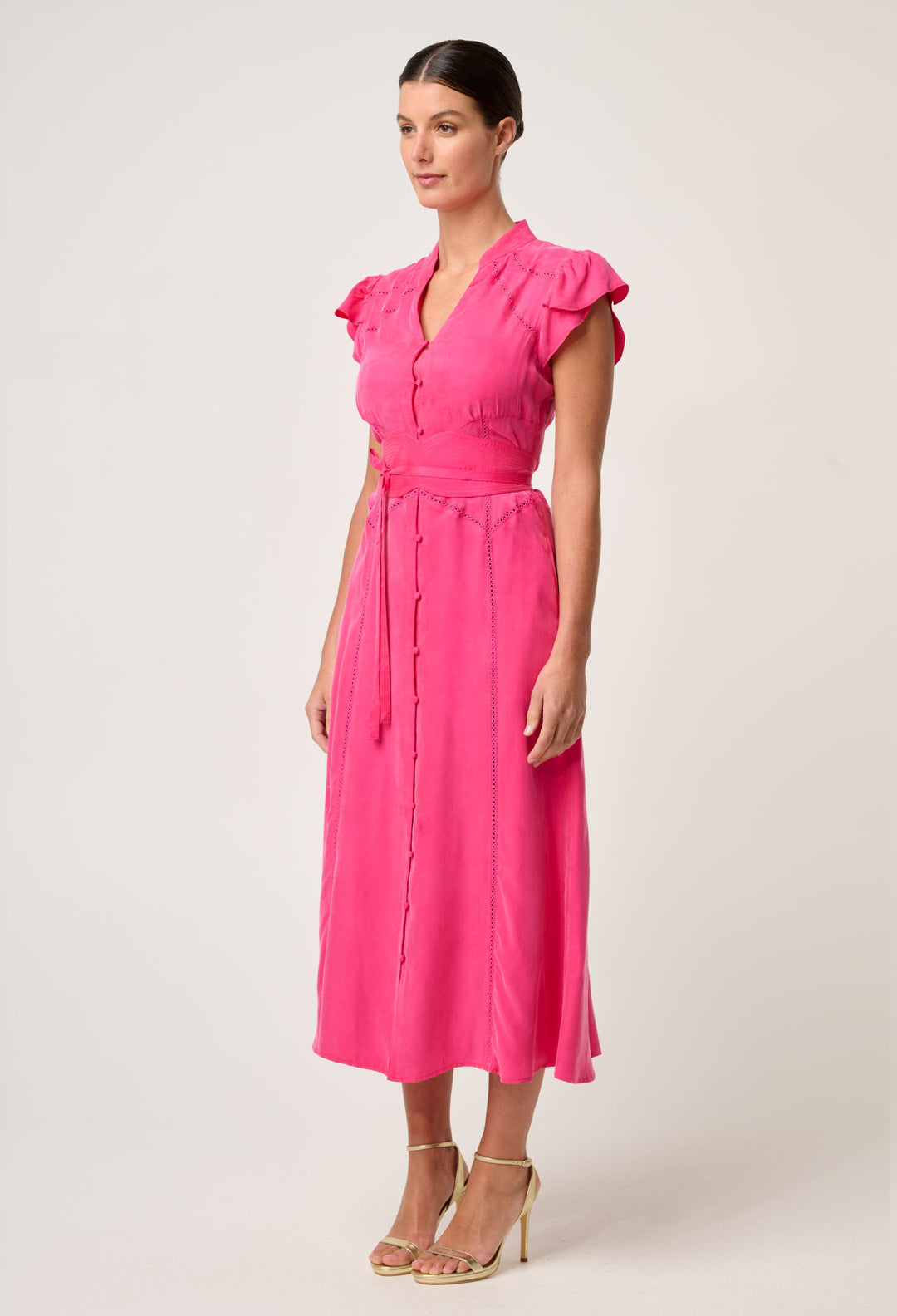 OnceWas Athena Cupro Viscose Flutter Sleeve Dress in Celosia Pink