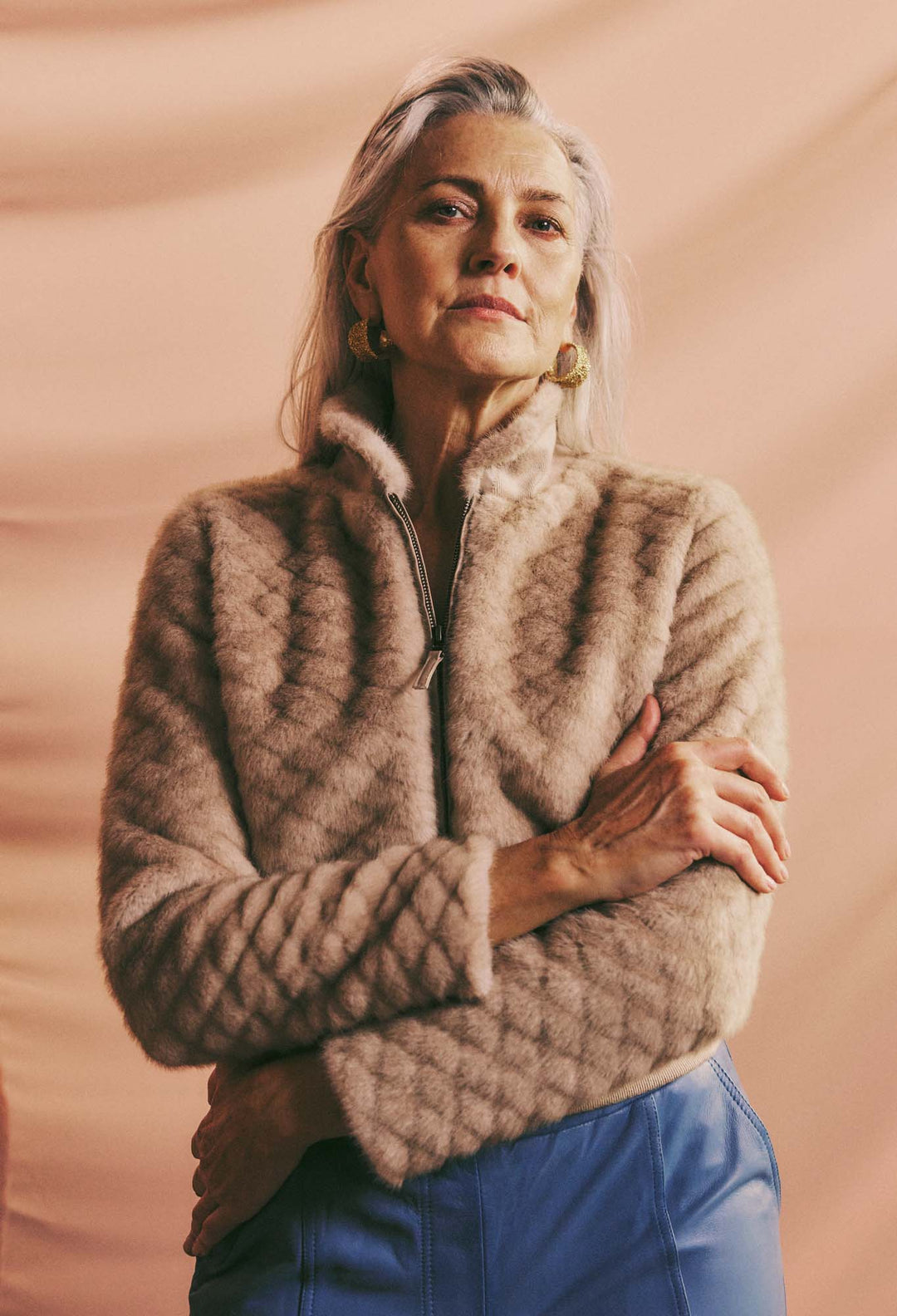 OnceWas Stella Faux Fur Bomber Jacket in Fawn