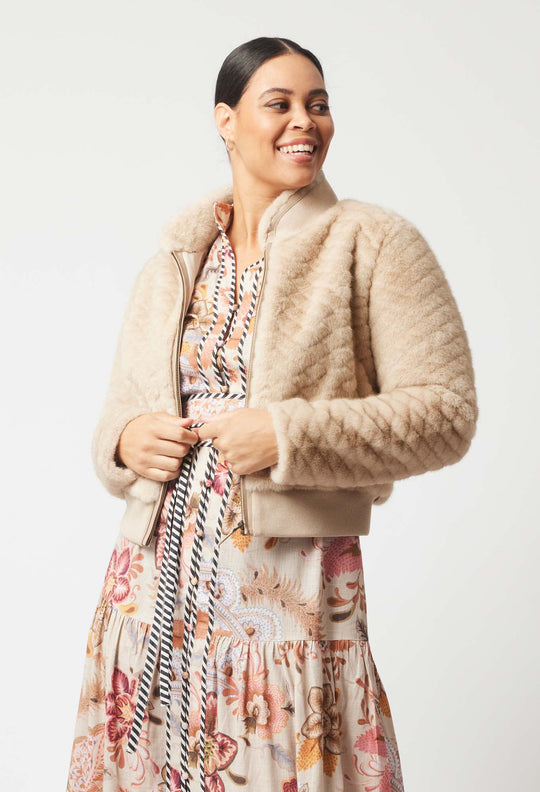 Stella Faux Fur Bomber Jacket in Fawn