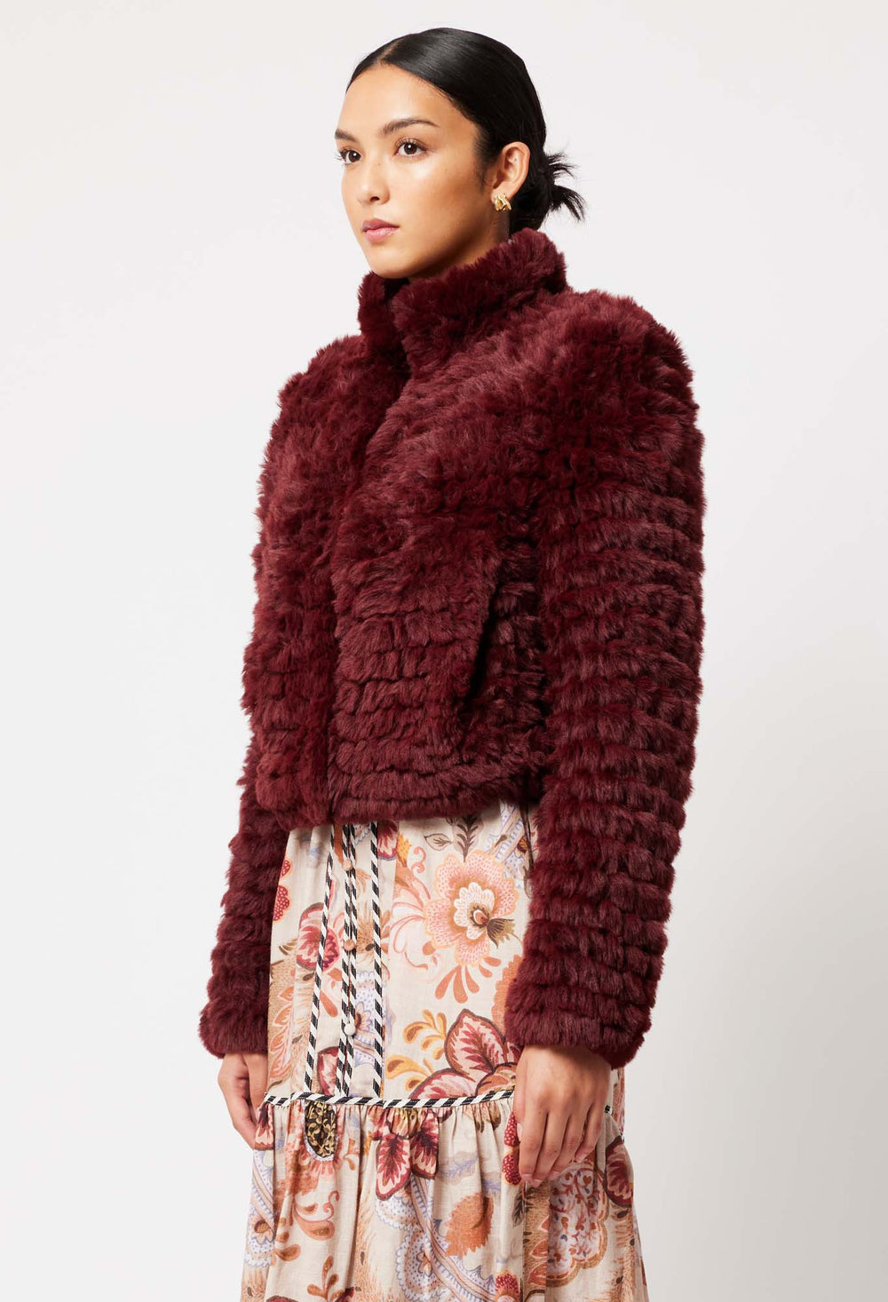 OnceWas Altair Faux Fur Bomber Jacket in Scarlet
