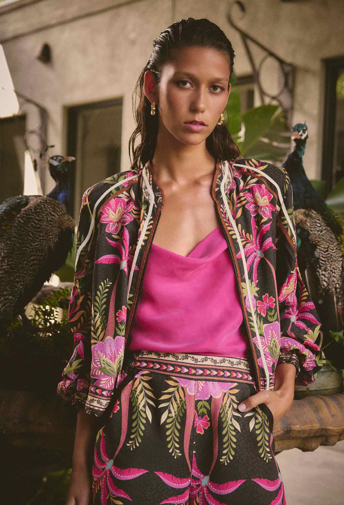 OnceWas Arabella Reversible Viscose Jacket in Anthos Lótos/Black