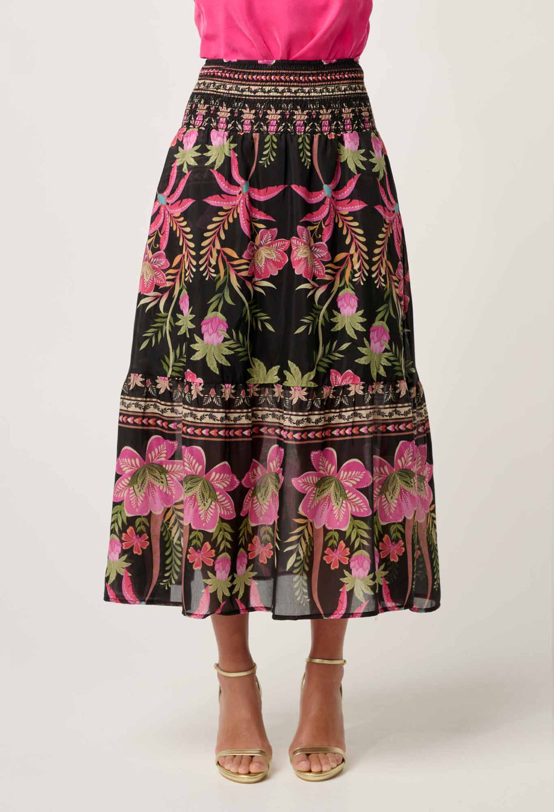 OnceWas Cordelia  Shirred Silk Cotton Skirt in Anthos Lótos