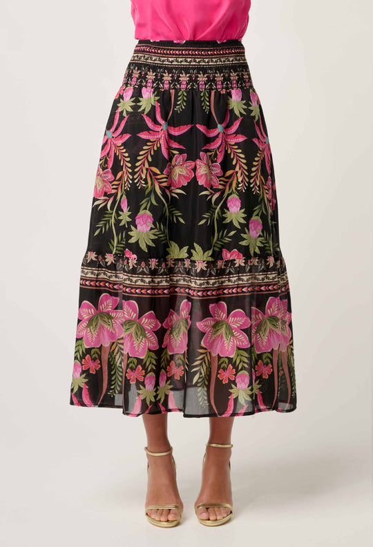OnceWas Cordelia  Shirred Silk Cotton Skirt in Anthos Lótos
