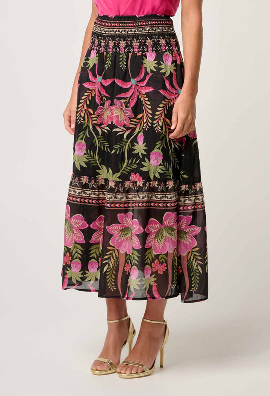 OnceWas Cordelia  Shirred Silk Cotton Skirt in Anthos Lótos
