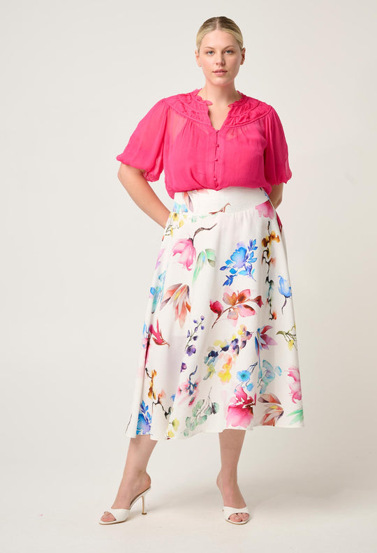 OnceWas Pandorea Viscose Dobby Yoke Skirt in Plume Blossom