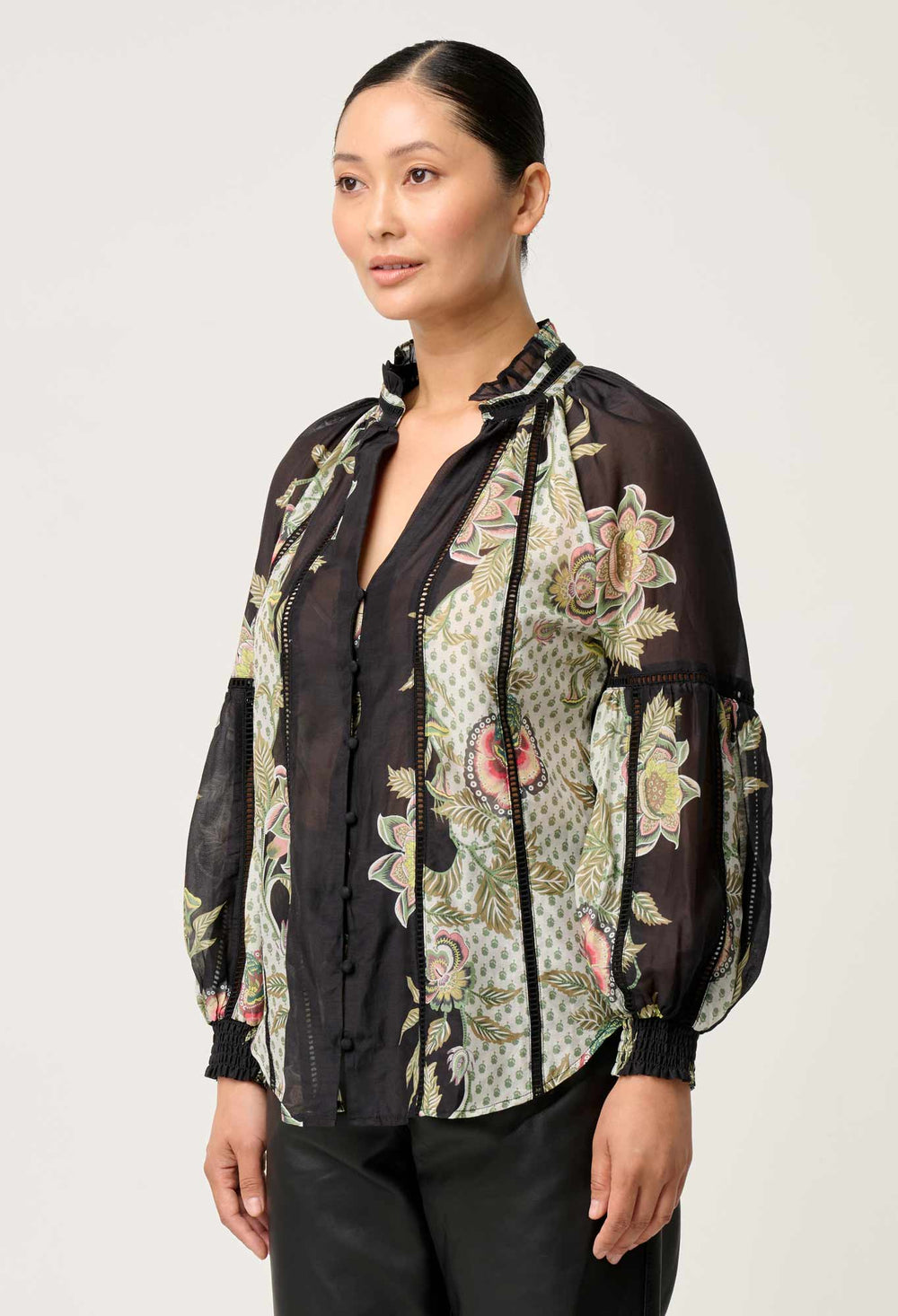 OnceWas PETITE Espada Cotton Silk Blouse in Mariposa Nero