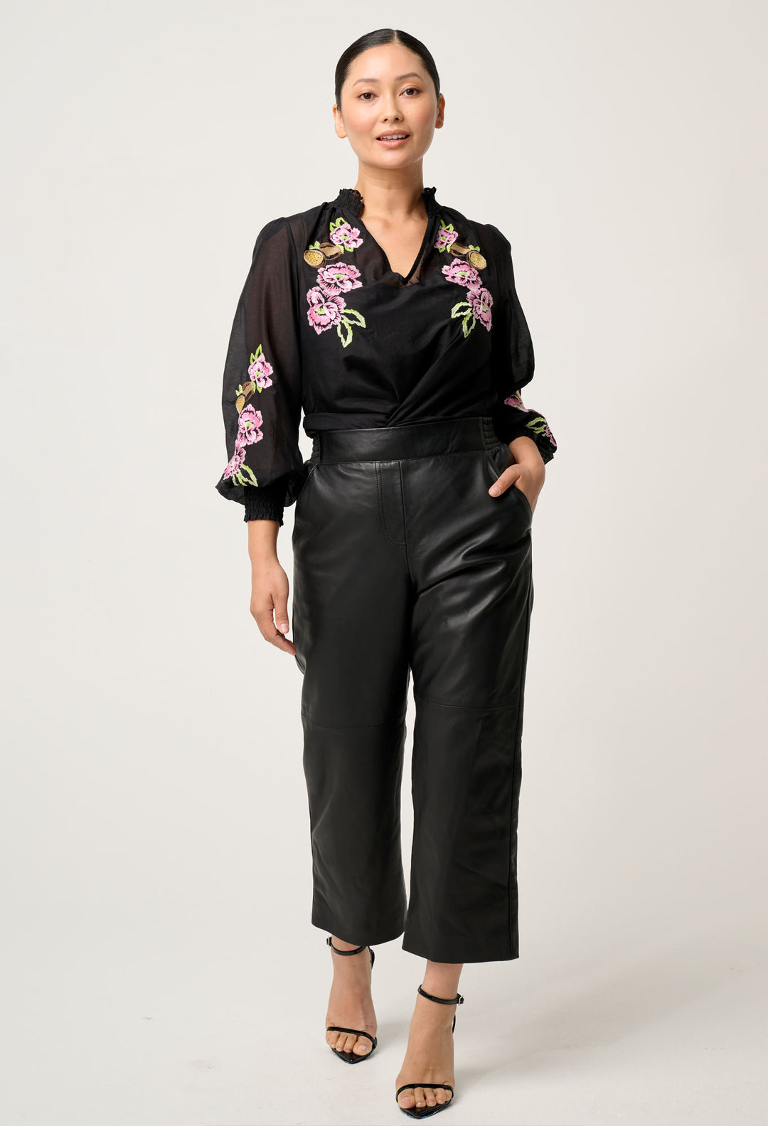 OnceWas PETITE Catalina Embroidered Cotton Silk Blouse in Black Flores