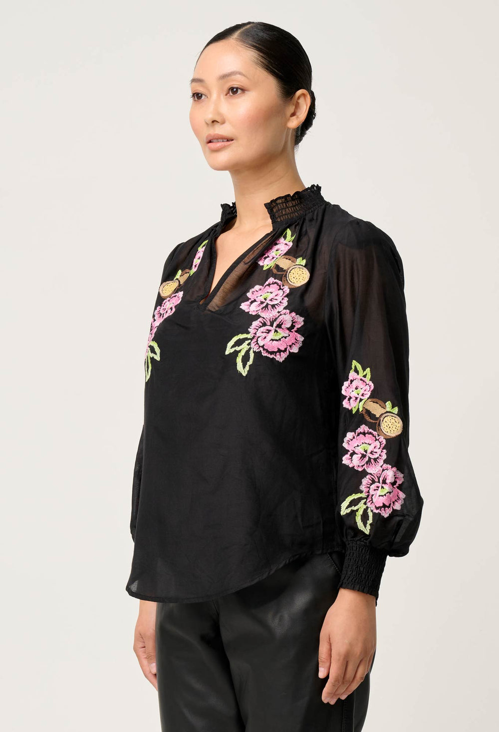 OnceWas PETITE Catalina Embroidered Cotton Silk Blouse in Black Flores