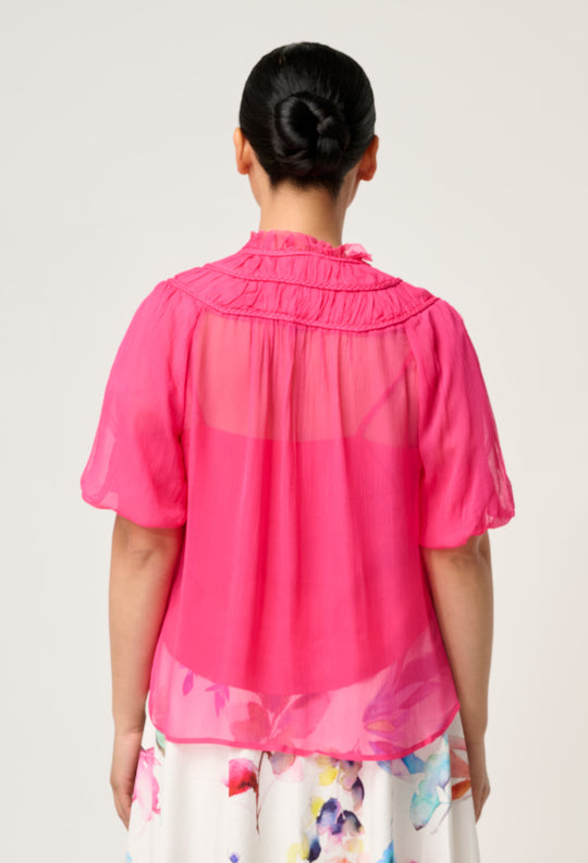 OnceWas PETITE Selini Braided Neck Viscose Chiffon Blouse in Celosia Pink