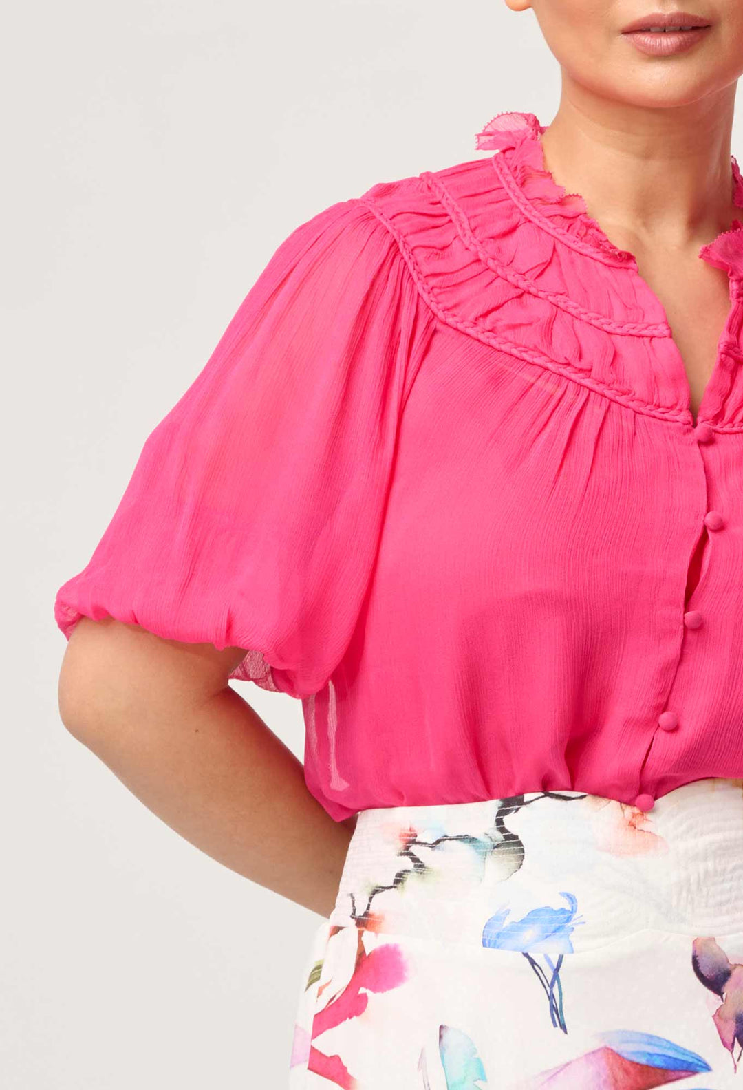 OnceWas PETITE Selini Braided Neck Viscose Chiffon Blouse in Celosia Pink