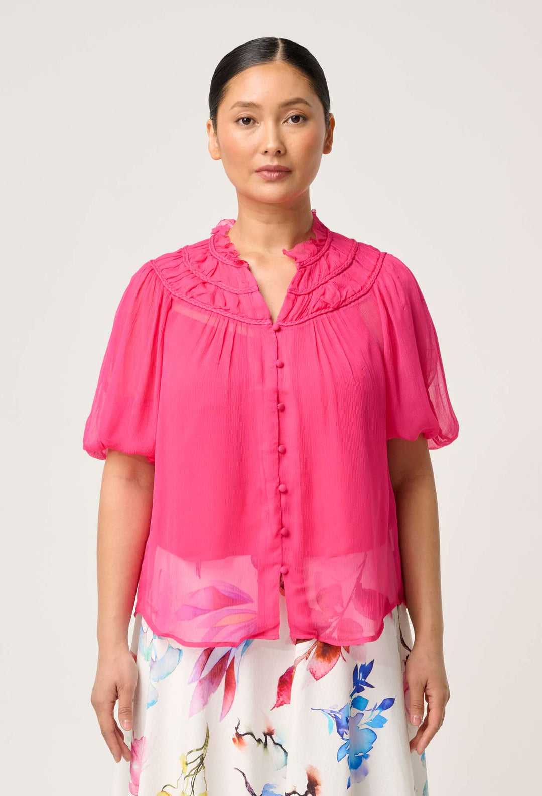 OnceWas PETITE Selini Braided Neck Viscose Chiffon Blouse in Celosia Pink