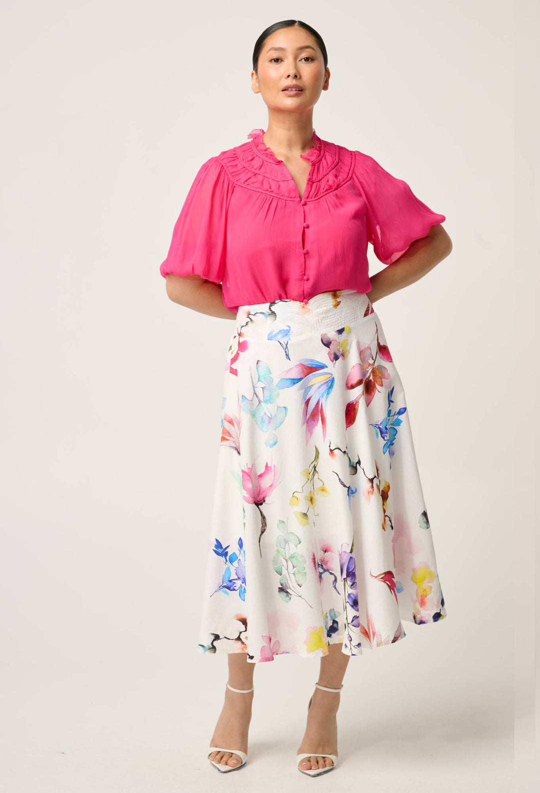 OnceWas PETITE Selini Braided Neck Viscose Chiffon Blouse in Celosia Pink