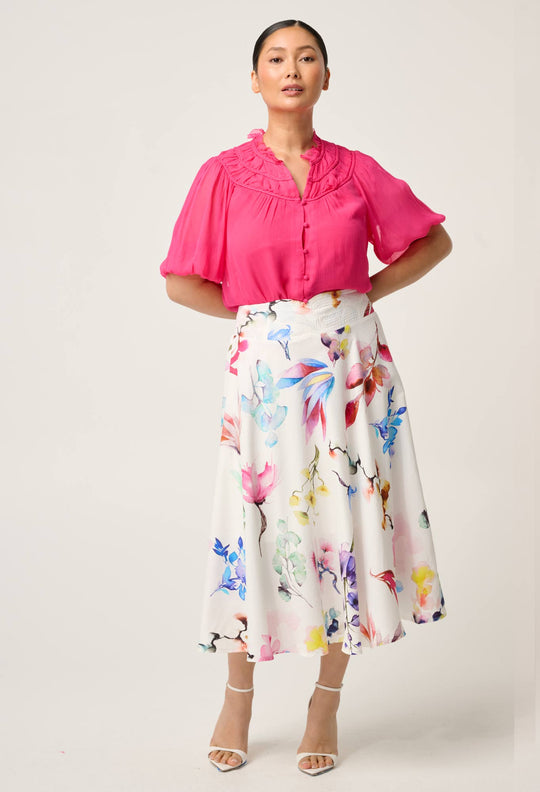 OnceWas PETITE Selini Braided Neck Viscose Chiffon Blouse in Celosia Pink