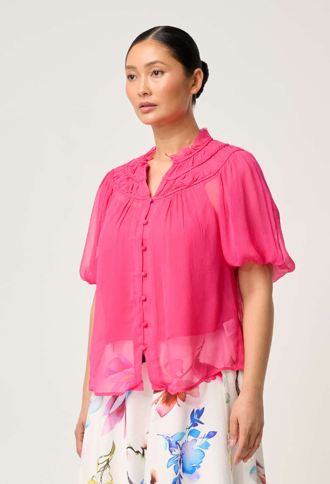 OnceWas PETITE Selini Braided Neck Viscose Chiffon Blouse in Celosia Pink