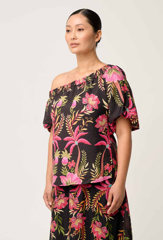 OnceWas PETITE Juno Viscose One Shoulder Top in Anthos Lótos