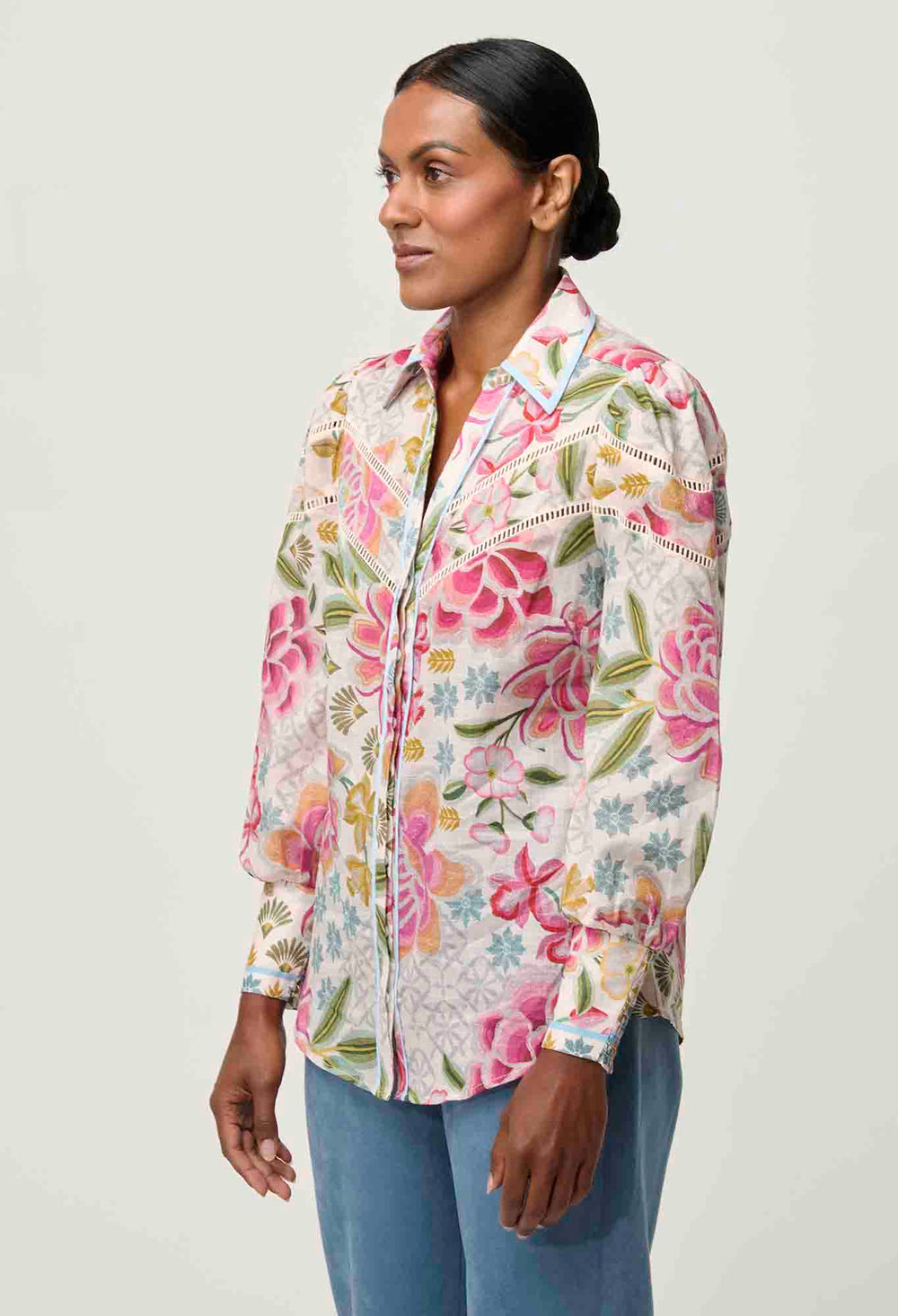 OnceWas PETITE Wren Lace Cotton Slub Shirt in Azalea Fields