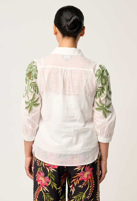 OnceWas PETITE Callisto Cotton Embroidered Shirt in Ivory