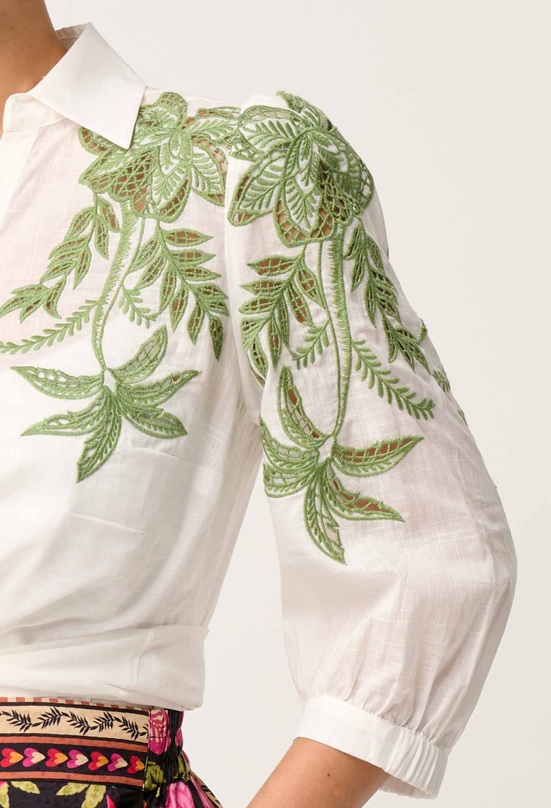 OnceWas PETITE Callisto Cotton Embroidered Shirt in Ivory