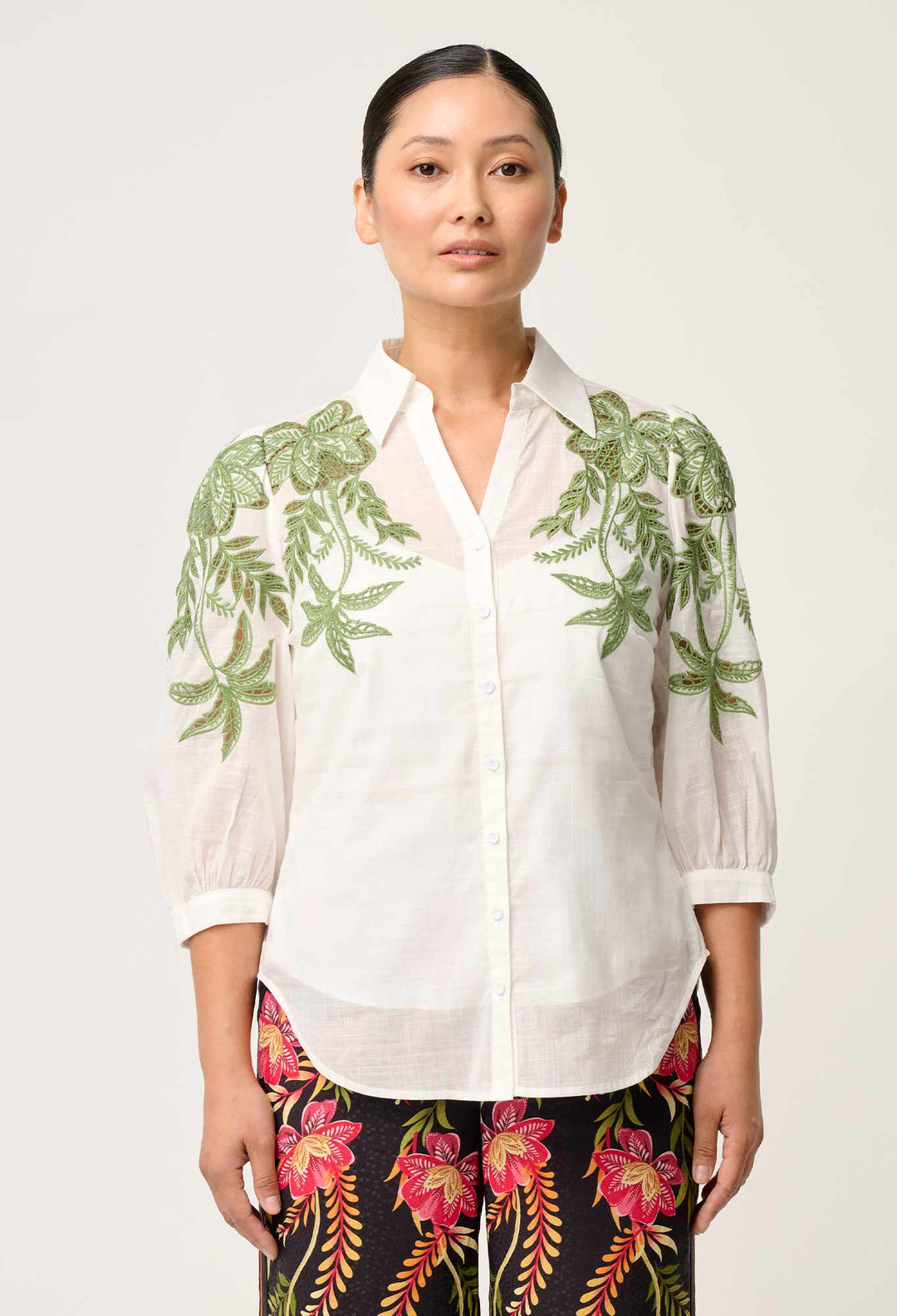 OnceWas PETITE Callisto Cotton Embroidered Shirt in Ivory