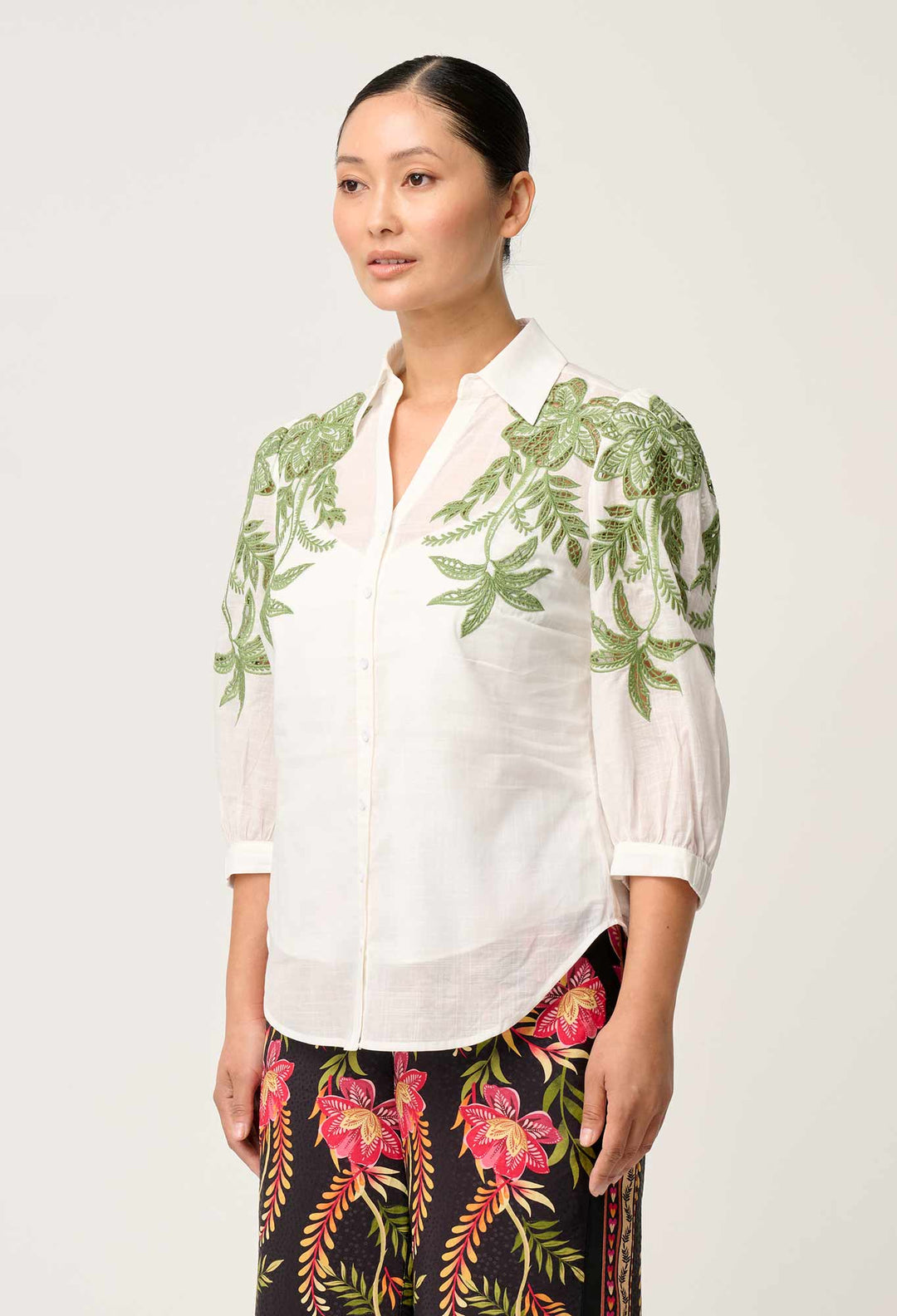 OnceWas PETITE Callisto Cotton Embroidered Shirt in Ivory